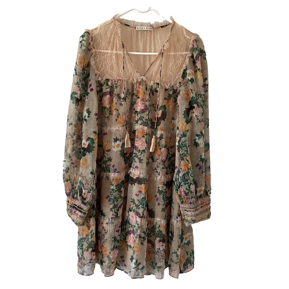 Alice + Olivia Floral Lace Boho‎ Dress M Sheer Long Sleeve Tiered Tassel Mini